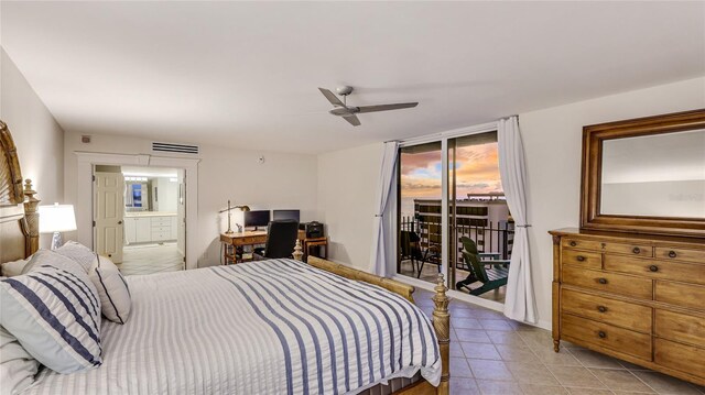 1212 Benjamin Franklin Dr Unit 909, Sarasota, FL 34236 - bedroom featuring access to outside, light tile patterned floors, ensuite bath, and ceiling fan
