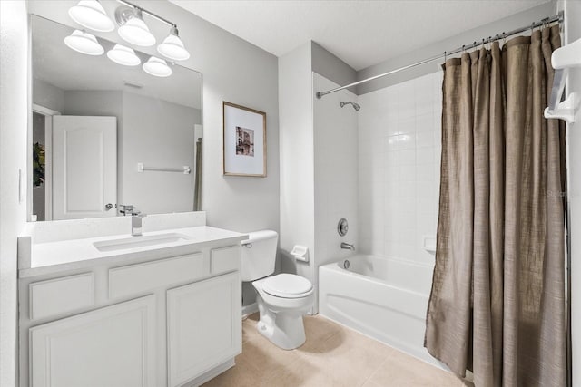 bathroom with shower / bath combo with shower curtain, tile patterned flooring, toilet, and vanity
