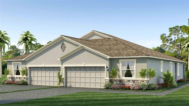 single story home featuring roof with shingles, stone siding, driveway, a garage, and a front yard