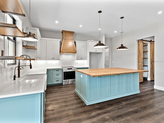 kitchen with a sink, stainless steel electric range, a barn door, custom exhaust hood, and decorative backsplash