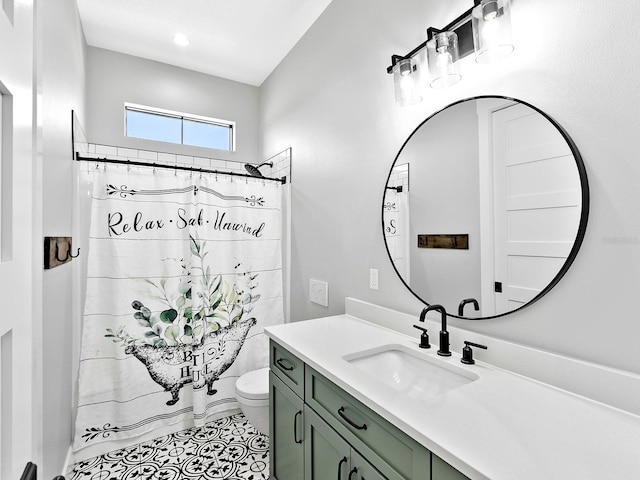 full bathroom with toilet, tile patterned flooring, vanity, and a shower with shower curtain