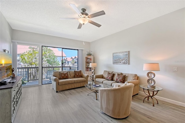 1159 Lake House Cir Unit C120, Sarasota, FL 34242 - living room with light wood-style floors, ceiling fan, a textured ceiling, and baseboards