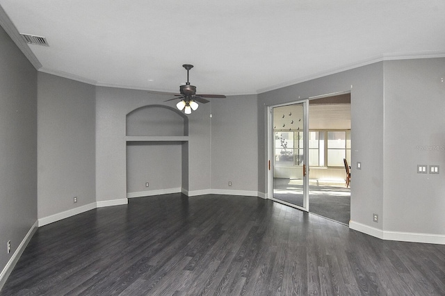 unfurnished room with ornamental molding, baseboards, and a ceiling fan