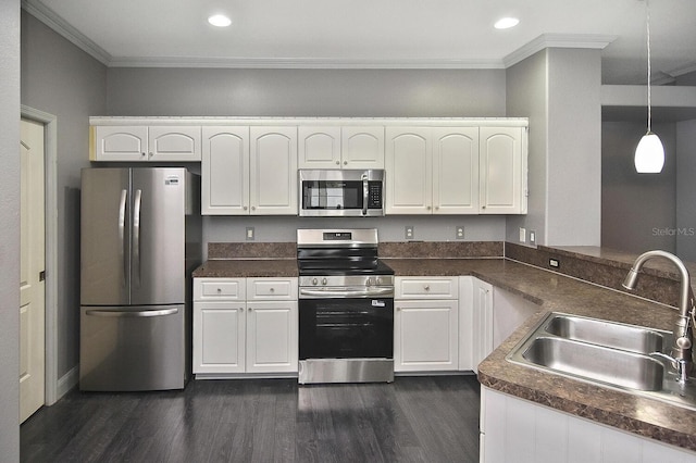kitchen featuring a sink, crown molding, stainless steel appliances, and dark wood-style floors