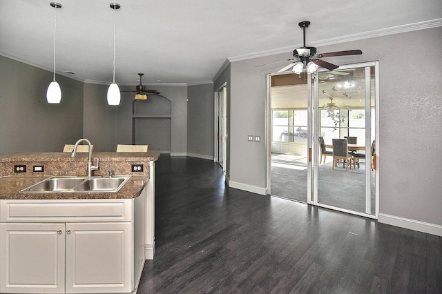 kitchen featuring a sink, ornamental molding, a ceiling fan, and dark wood-type flooring