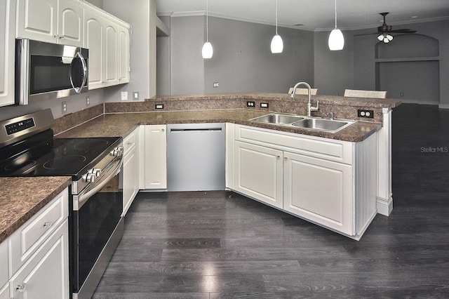 kitchen with ornamental molding, dark wood finished floors, a sink, dark countertops, and stainless steel appliances