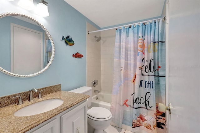 bathroom featuring toilet, shower / tub combo, and vanity