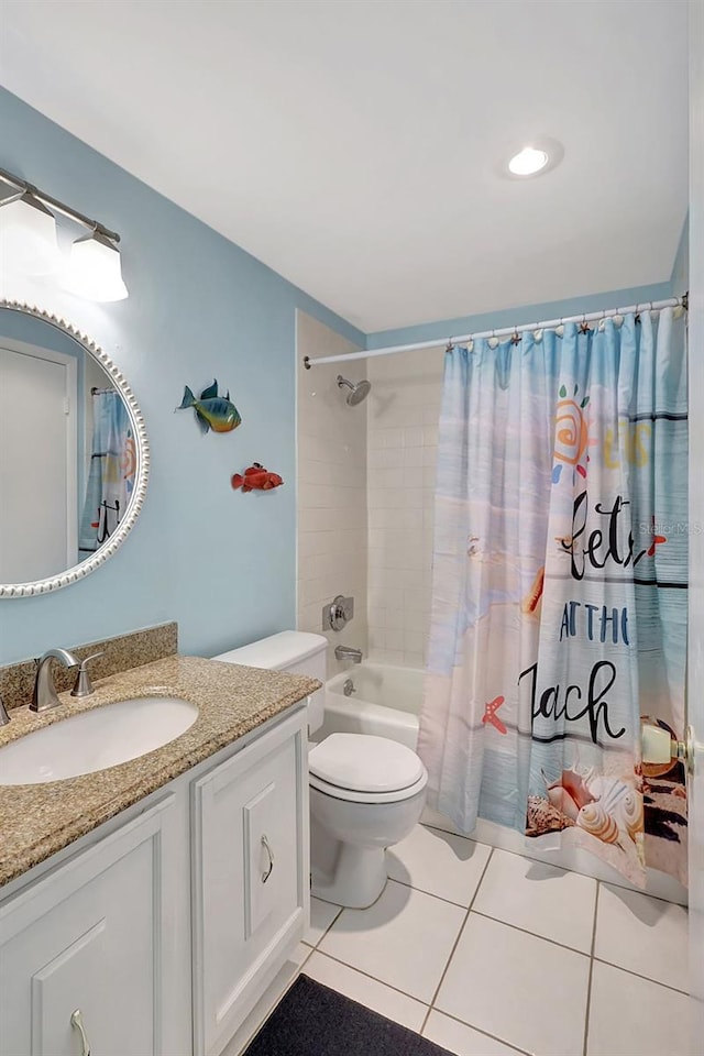 full bathroom with toilet, shower / bath combo, tile patterned flooring, and vanity