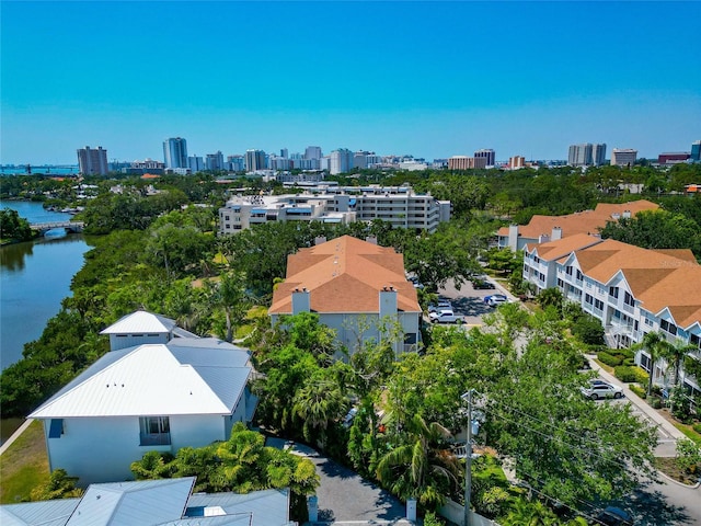 bird's eye view of a view of skyline and a large body of water