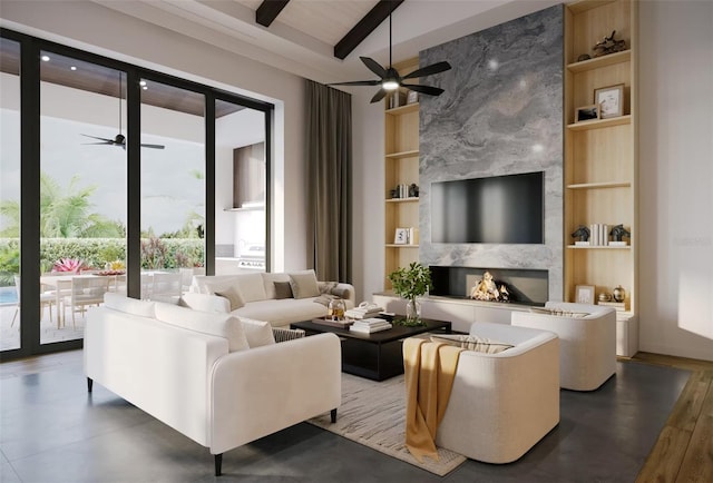 living area with a fireplace, ceiling fan, lofted ceiling with beams, and built in features