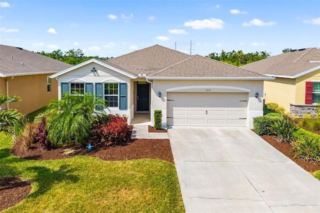 single story home with concrete driveway, a garage, stucco siding, roof with shingles, and a front yard