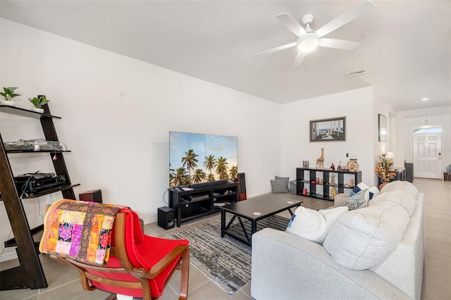 living room with ceiling fan, tile patterned flooring, and recessed lighting