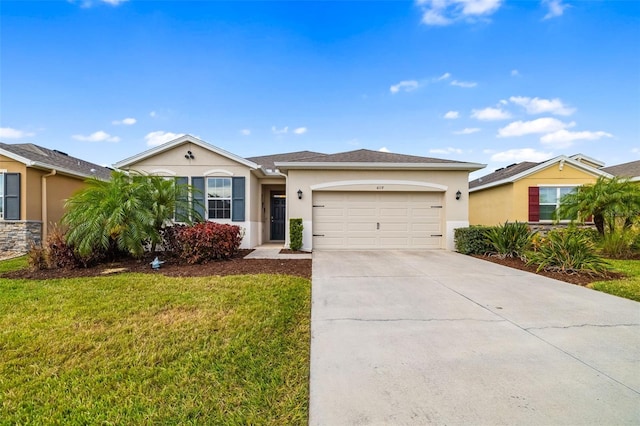 ranch-style home with stucco siding, an attached garage, concrete driveway, and a front lawn