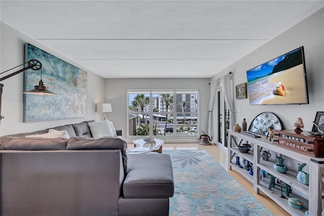 living room with wood finished floors and a textured ceiling