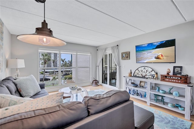 living room with wood finished floors and a ceiling fan