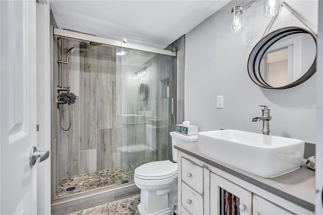 full bath featuring a stall shower, toilet, and vanity