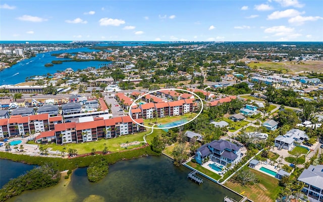 drone / aerial view with a water view