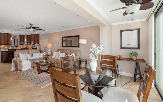 dining space featuring ornamental molding, light tile patterned floors, ceiling fan, and recessed lighting