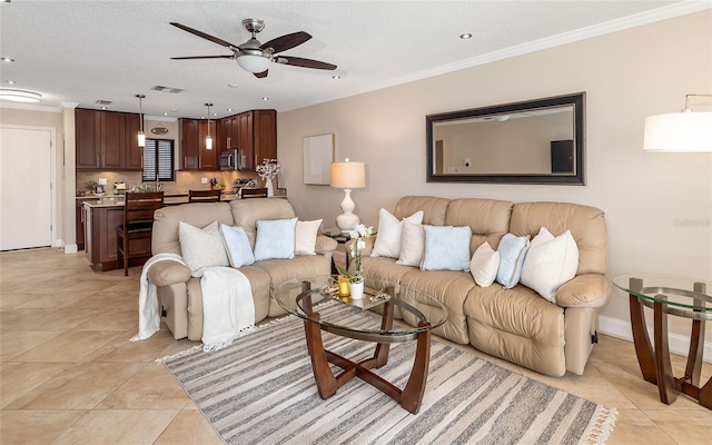 living area featuring crown molding, a ceiling fan, light tile patterned floors, and recessed lighting