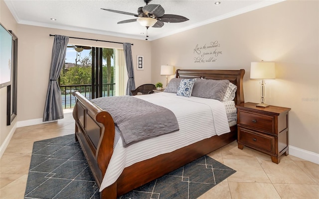 bedroom featuring light tile patterned floors, a ceiling fan, access to exterior, baseboards, and ornamental molding