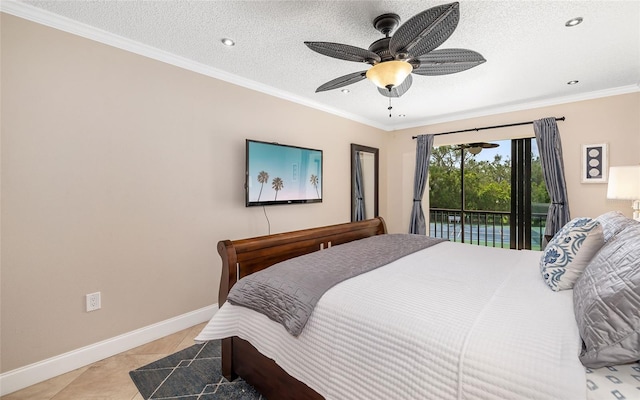 bedroom with crown molding, light tile patterned floors, baseboards, and access to exterior