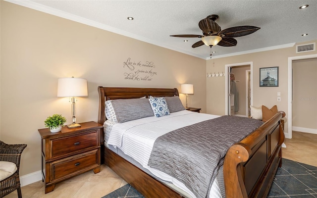 bedroom with recessed lighting, baseboards, ornamental molding, visible vents, and tile patterned floors
