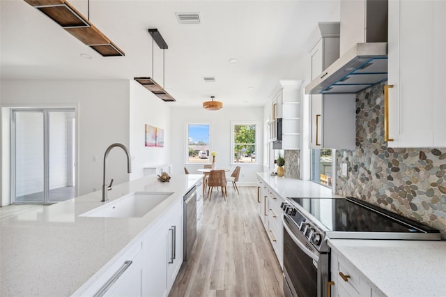 8622 Inwood Dr, Hudson, FL 34667 - kitchen featuring light wood finished floors, visible vents, a sink, wall chimney range hood, and stainless steel appliances