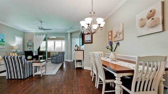 1503 Calle Grand St, Bradenton, FL 34209 - dining space with dark wood-style floors, ornamental molding, a ceiling fan, baseboards, and a chandelier