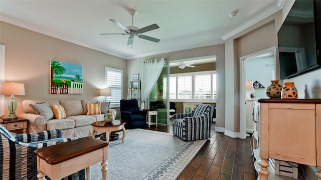 1503 Calle Grand St, Bradenton, FL 34209 - living room featuring ceiling fan, dark wood-style floors, crown molding, and baseboards
