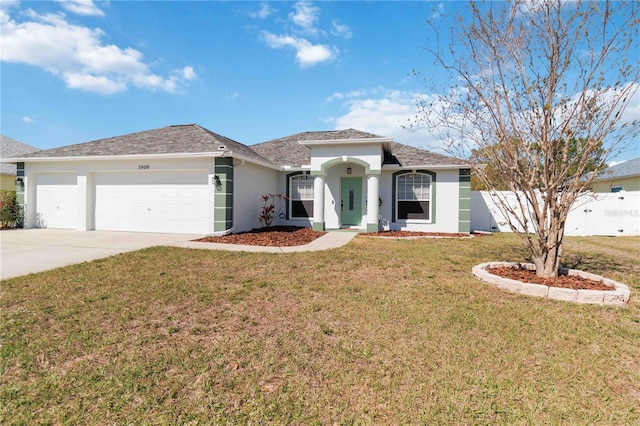 ranch-style house featuring a garage, stucco siding, concrete driveway, and roof with shingles