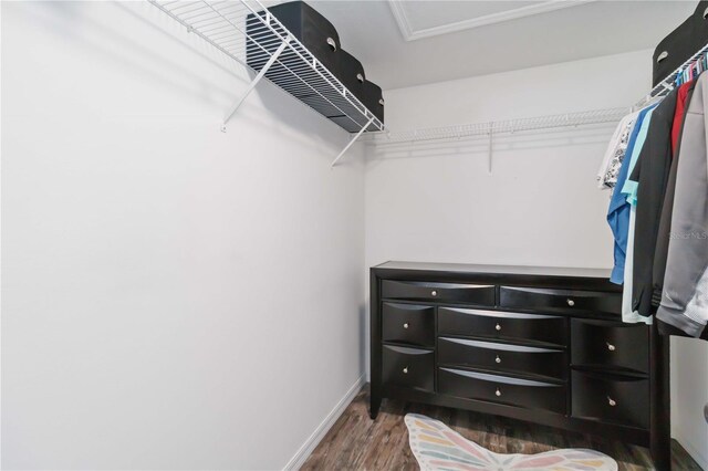 spacious closet with wood finished floors and attic access