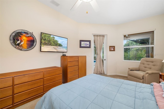 bedroom featuring carpet, ceiling fan, and baseboards