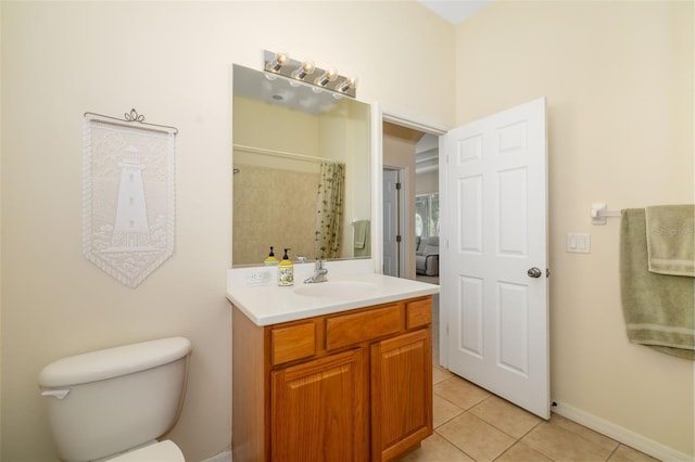 bathroom featuring tile patterned floors, vanity, toilet, a shower with curtain, and baseboards