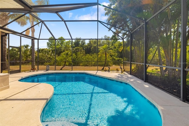 swimming pool with a patio area and glass enclosure