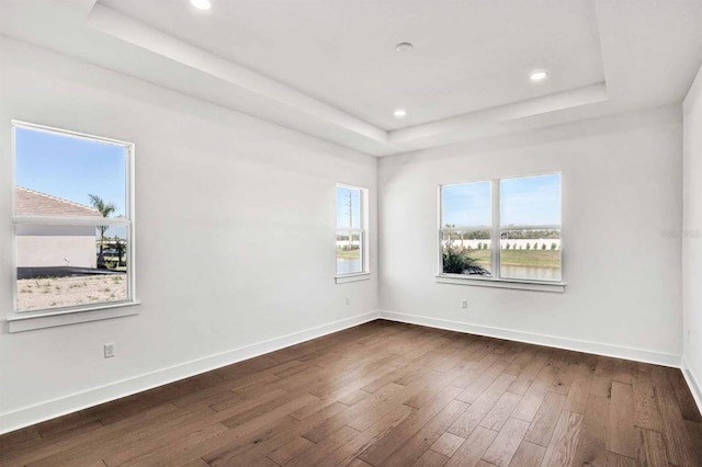 17927 Palmiste Dr, Bradenton, FL 34202 - unfurnished room with a raised ceiling, dark wood-style floors, baseboards, and recessed lighting