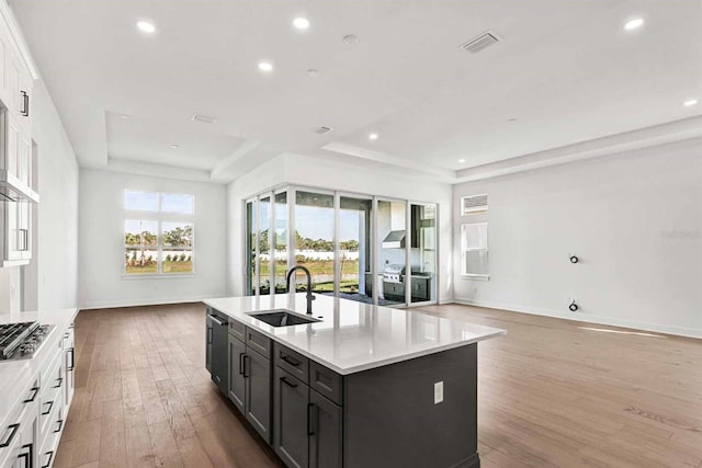 17927 Palmiste Dr, Bradenton, FL 34202 - kitchen featuring a tray ceiling, a sink, open floor plan, light wood-style floors, and baseboards