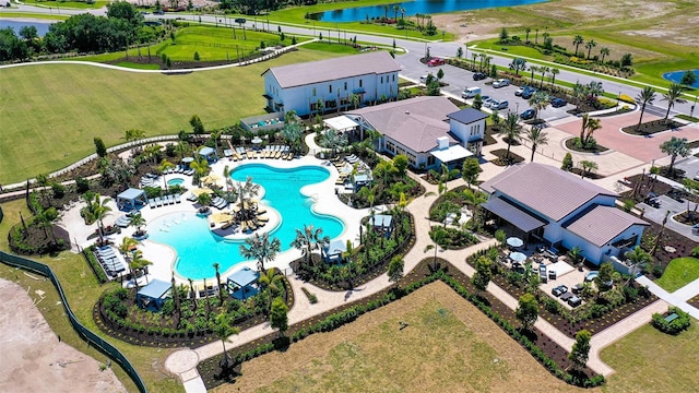 drone / aerial view with a water view