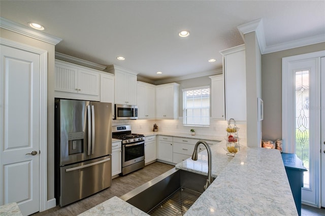 5301 Bartolomeo St, Sarasota, FL 34238 - kitchen featuring appliances with stainless steel finishes, crown molding, light stone countertops, decorative backsplash, and a sink