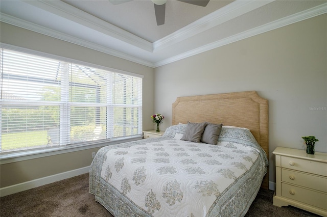 5301 Bartolomeo St, Sarasota, FL 34238 - bedroom featuring dark carpet, baseboards, crown molding, a raised ceiling, and a ceiling fan