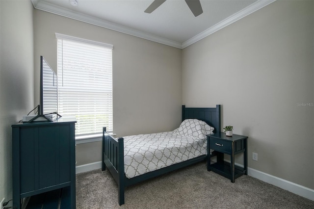 5301 Bartolomeo St, Sarasota, FL 34238 - bedroom featuring crown molding, carpet floors, baseboards, and a ceiling fan