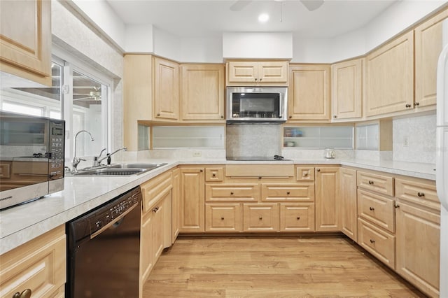 3105 Gulfgate Dr, Sarasota, FL 34231 - kitchen featuring light brown cabinetry, black dishwasher, stainless steel microwave, a ceiling fan, and recessed lighting