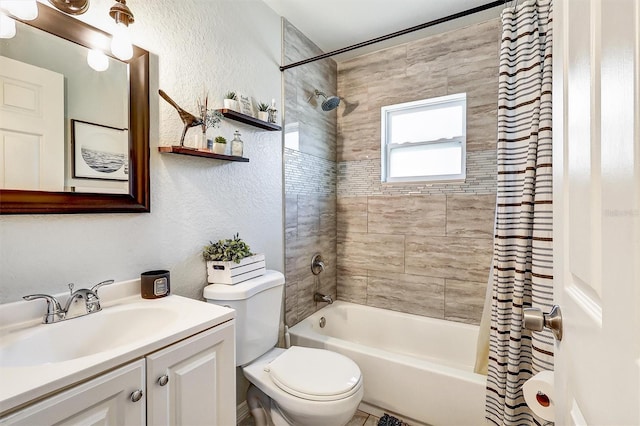 4542 19th Ave S, Saint Petersburg, FL 33711 - bathroom featuring toilet, shower / tub combo with curtain, vanity, and a textured wall