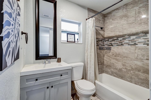 4542 19th Ave S, Saint Petersburg, FL 33711 - full bathroom with toilet, vanity, visible vents, a textured wall, and shower / bathtub combination with curtain