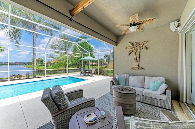 13167 Fernando St, Venice, FL 34293 - outdoor pool with an outdoor living space, a patio, a water view, outdoor dining area, and glass enclosure