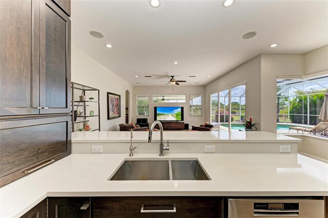 8103 Snowy Egret Pl, Bradenton, FL 34202 - kitchen featuring open floor plan, a sink, light countertops, recessed lighting, and a ceiling fan