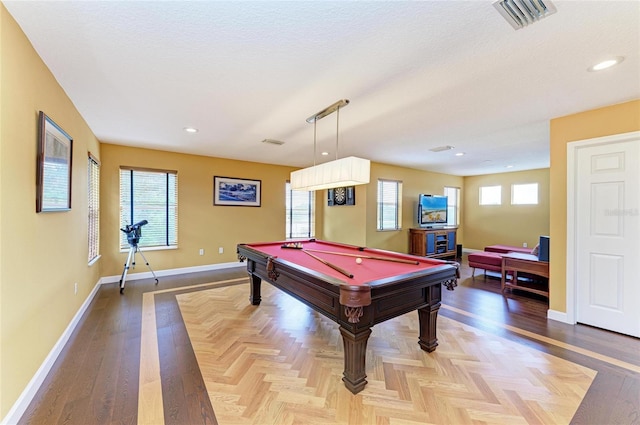 8103 Snowy Egret Pl, Bradenton, FL 34202 - recreation room featuring billiards, baseboards, recessed lighting, and parquet floors