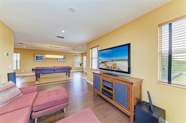 8103 Snowy Egret Pl, Bradenton, FL 34202 - game room with wood finished floors, billiards table, recessed lighting, baseboards, and a textured ceiling