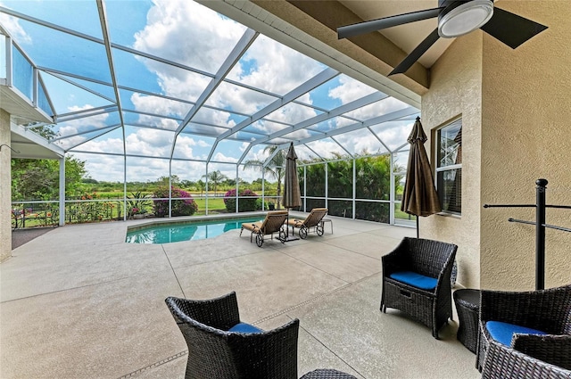 8103 Snowy Egret Pl, Bradenton, FL 34202 - outdoor pool featuring a patio area, ceiling fan, and a lanai