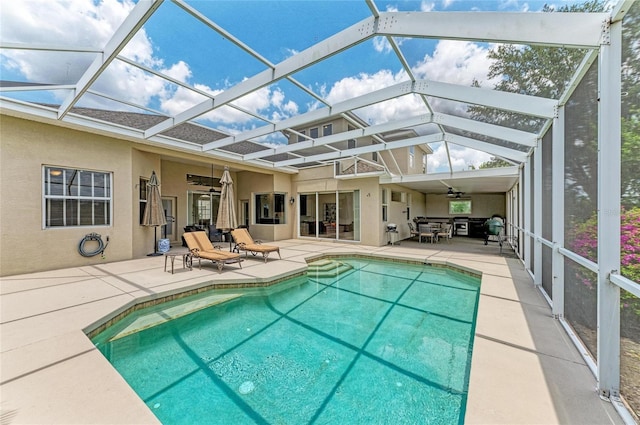 8103 Snowy Egret Pl, Bradenton, FL 34202 - outdoor pool with a ceiling fan, a patio, and a lanai