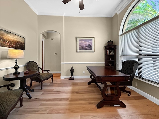 6567 Eagle Ridge Way, Lakeland, FL 33813 - office area featuring arched walkways, a ceiling fan, plenty of natural light, light wood finished floors, and ornamental molding